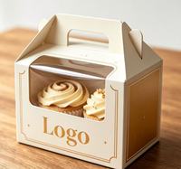 Boîte à cupcakes personnalisée biodégradable avec poignée en feuille d'or ivoire, fenêtre transparente, emballage de luxe pour desserts