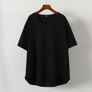 NY Büyük Beden Pamuklu U Yaka Tişört, Kavisli Kenarlı Kısa Kollu Kadın Yazlık Bol Orta Uzun Bluz - Product Image 5