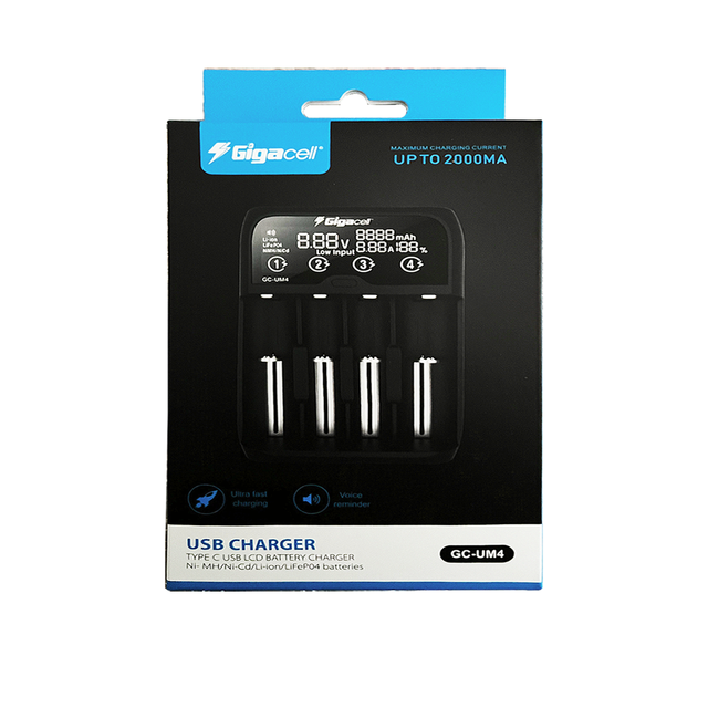 Best Selling GC-UM4 Model Type C USB LCD Battery Charger 1.2V AA AAA AAAA C Ni-MH/3.6V Ni-Cd/Li-ion/3.2V LiFePO4 Batteries