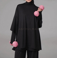 Ensemble de sport 2 pièces personnalisé et modeste pour femmes musulmanes, comprenant une tunique à col montant superposée style cape et un pantalon harem à jambes larges, vêtements de sport OEM