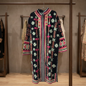 Veste Kimono Longue en Velours Noir Brodé Suzani Fait Main Indien, Motif Floral Menthe Rose Vintage, Vente en Gros - Product Image 5