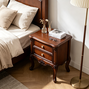 New Arrival Ornate Floral Carved Cabriole Leg Two <b>Drawer</b> Solid Wood Nightstand for American Bedroom - Product Image 2