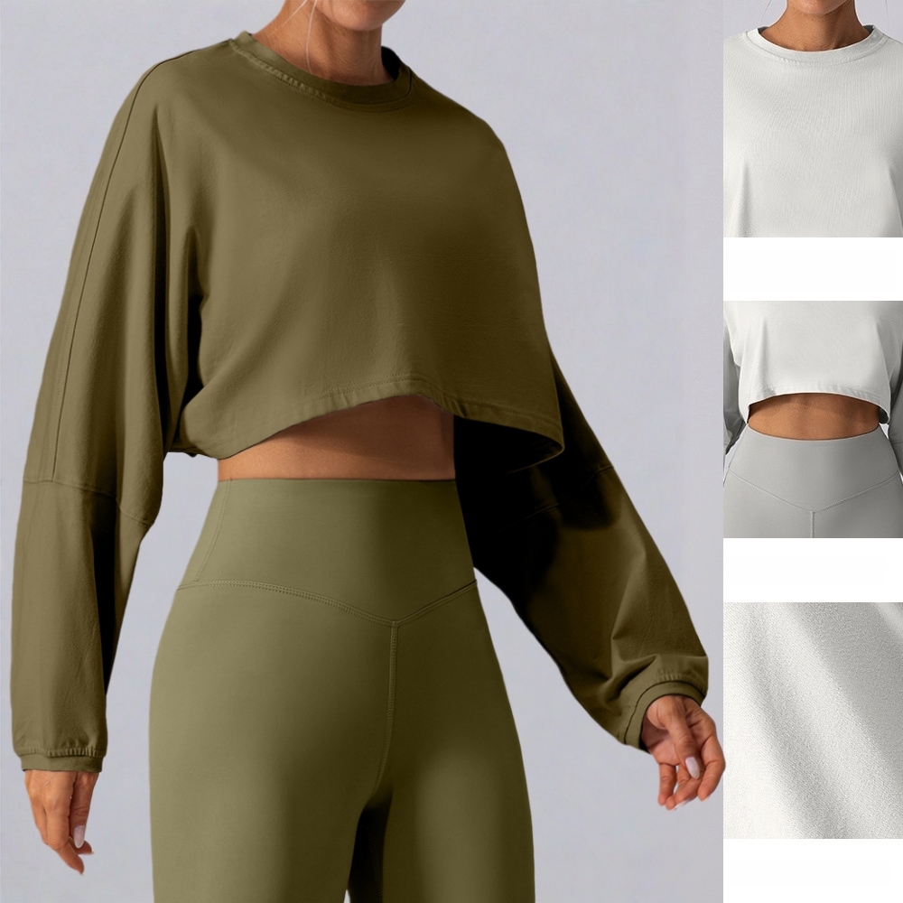 Women's Athletic Crop Top Round Neck Loose Fit Modal Cotton Long Sleeve Sportswear for Workout Yoga Casual Daily Wear