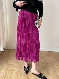 Jupe de gâteau amincissante et polyvalente à franges Robe longue de longueur moyenne Conception de taille élastique Jupe à jambe droite sensible pour toutes les saisons - Product Image 3