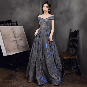 Evening Gown Women Off The Shoulder <b>Glitter</b> Empire Waist <b>Blue</b> Polyester Party Banquet Dress 2026 New Style - Product Image 4
