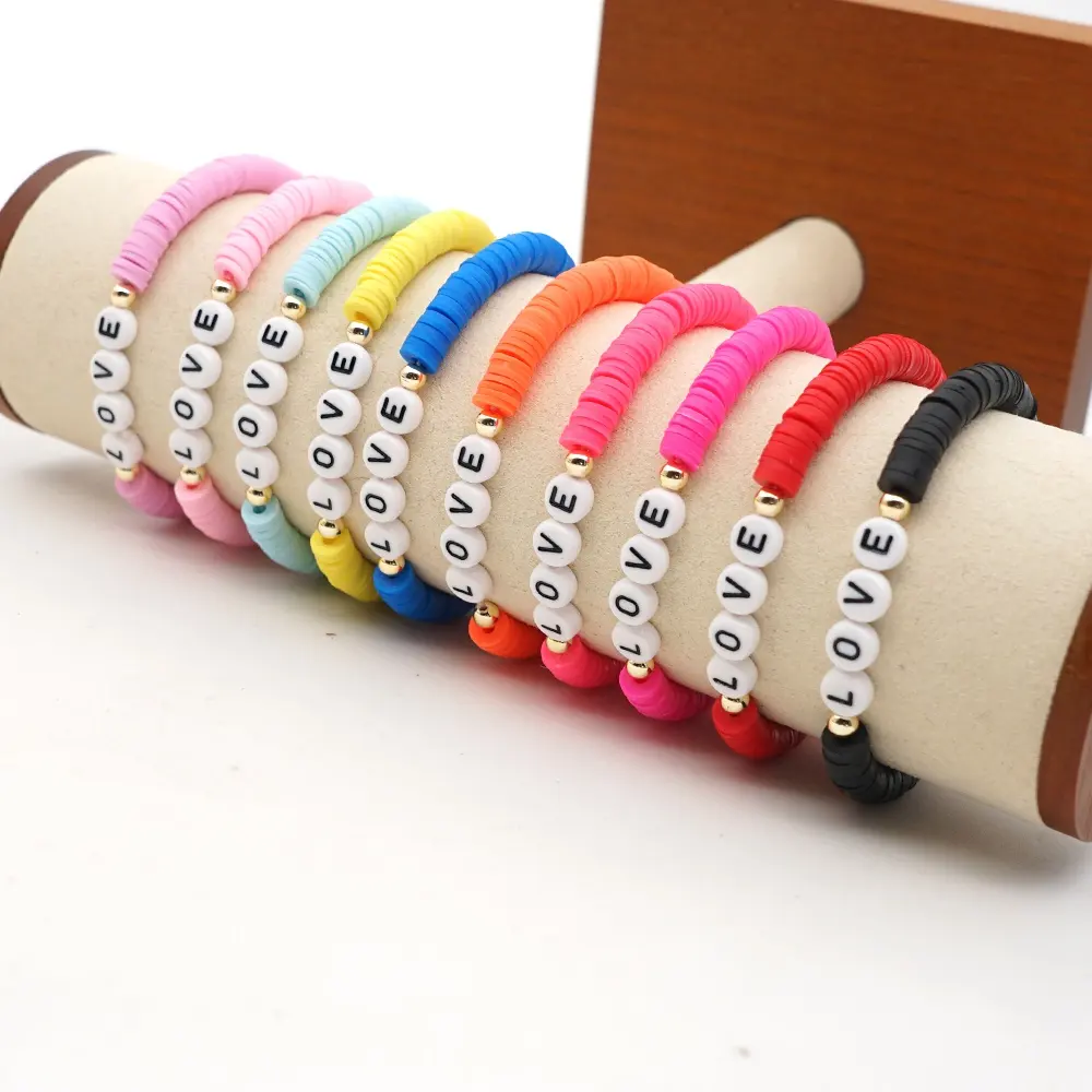 Go2boho pulseira de letras amor, para mulheres, de polímero, 6mm, argila, heishi, pulseiras, boho, joias, moda braço, elástico