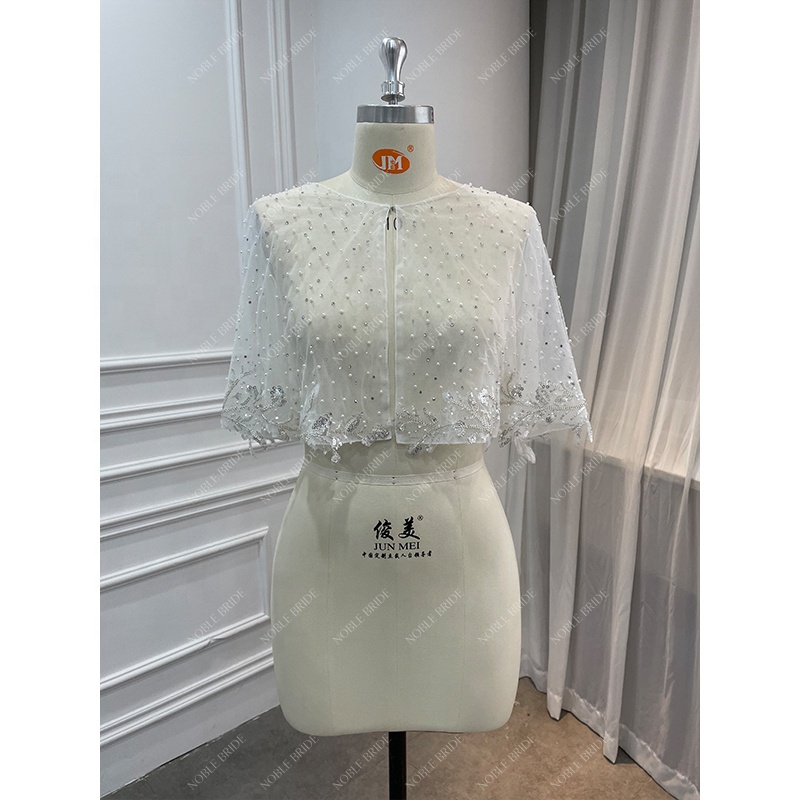 Personalizado Por Atacado Noiva De Luxo Pérolas De Casamento Bolero Frisado Mulheres Requintado Lace Appliqued Elegante Bolero Marfim com Cristais