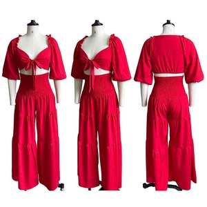 Women's Casual Tie-up Top Wide-leg Pants Pleated <b>Sexy</b> Solid Color 2-piece <b>Set</b> Fashion - Product Image 5