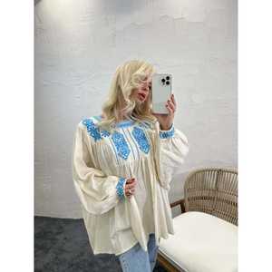 Camisa de Lino Bohemia Bordada para Mujer, Azul, Uso Diario, Transpirable, Manga Larga - Product Image 2