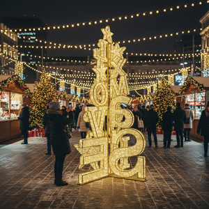 Árbol de Navidad Comercial LED para Exteriores, Luces con Motivo de LOVE XMAS en PVC, Decoración Gigante con Letras Doradas de XMAS para Centros Comerciales - Product Image 1