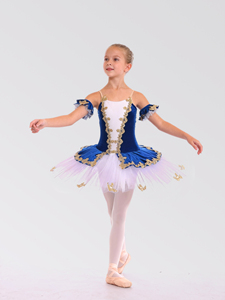 Costumes de danse de ballet en tulle blanc avec appliques dorées en velours bleu royal, nouveaux modèles Anna Shi - Product Image 1