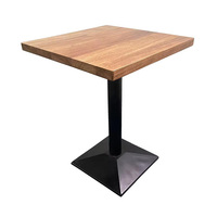 Table de salle à manger commerciale carrée en bois grainé sur mesure, avec piétement métallique unique, résistante aux taches et facile à nettoyer, pour café et restaurant