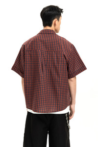 <span class=keywords><strong>Chemise</strong></span> pour homme à manches courtes, coupe ample, style vintage, en mélange polyester/coton anti-rétrécissement 160 g/m², à <span class=keywords><strong>carreaux</strong></span> rouges <span class=keywords><strong>et</strong></span> bleus, avec logo personnalisé OEM - Product Image 4