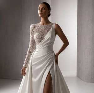 Hand <b>Beaded</b> Sleeveless Bridal Dress Crystal Embroidery Draped Satin <b>Skirt</b> Natural Waistline Floor-Length Sweep Train Plus Size - Product Image 1