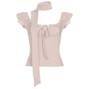 Sweet Square Collar Feminine <b>Top</b> with <b>Tie</b> <b>Waist</b> & Puff Sleeves-Solid Color Summer Knitted Digital Printing Elegant Blouse - Product Image 6