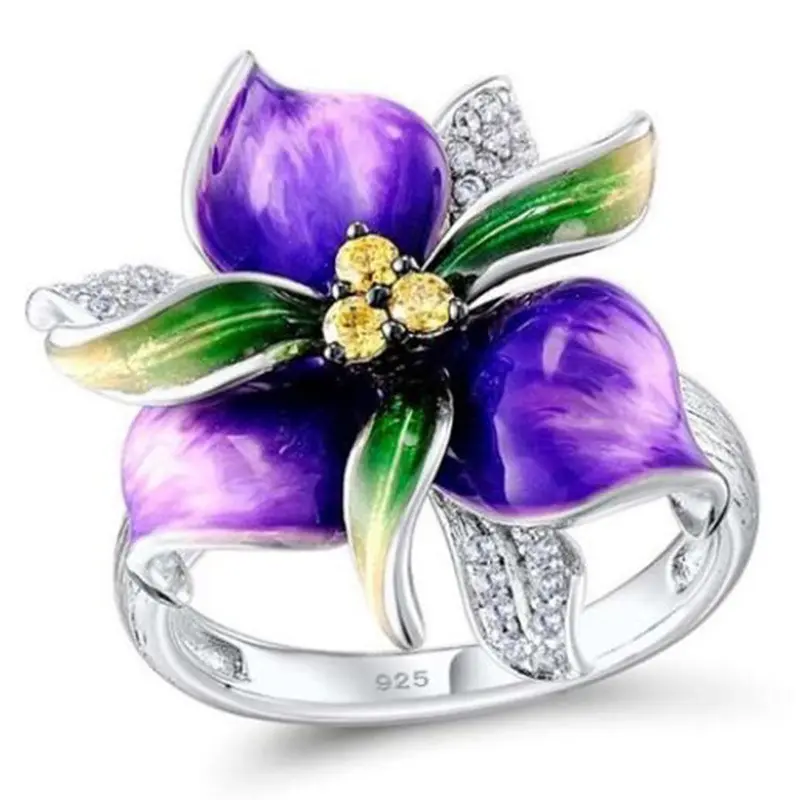 CAOSHI 925 Silver Ring Purple Enamel Zircon Crystal Ring Delicate Fashion Jewelry Bague Flower Ring for Women