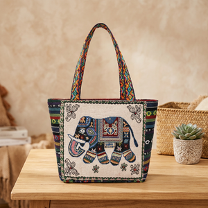Classic Elephant Butterfly Embroidered Open <b>Large</b> Capacity <b>Canvas</b> Tote Shoulder <b>Bag</b> - Product Image 2