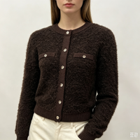 Gaby – Cardigan en tricot pointelle marron de haute qualité pour femme, personnalisé OEM, à manches longues et boutons en corne