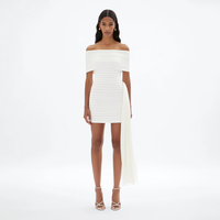 Nouvelle Robe Mini de Soirée Élégante Blanche à Épaules Dénudées, Froncée, Moulante, avec Traîne Asymétrique et Drapé, Personnalisée pour Femme, Idéale pour l'Été et les Fêtes