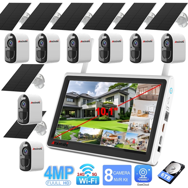 Solar Battery Powered 8CH WiFi Camera System 10.1 Inch LCD Screen Motion Detection  Night Vision NVR CCTV Camera System