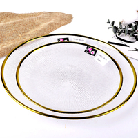 Assiette de présentation ronde en verre texturé effet rayon de soleil avec bord doré, transparente, pour décoration de table de mariage et événements, vente en gros à prix abordable