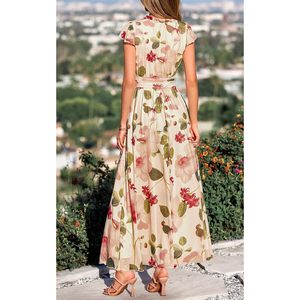 Womens Summer Floral Print Chiffon <b>Dress</b> V Neck <b>Flutter</b> <b>Sleeve</b> A Line Flowy Long Beach Vacation <b>Dress</b> - Product Image 6