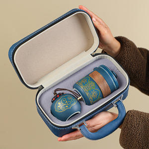 Kit de thé Gongfu tout-en-un pour les voyages avec étui en cuir bleu et théière en bois avec 3 tasses pour <span class=keywords><strong>la</strong></span> randonnée en plein air - Product Image 1