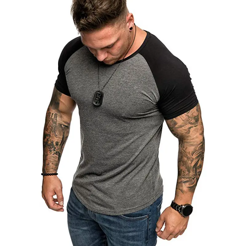 T-shirt col rond en Patchwork pour homme, décontracté, bon marché, Sport, Streetwear, Fitness, Muscle, Logo