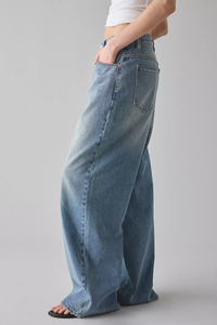 レディース サマー ヴィンテージデザイン デニムジーンズ 通気性 コットン ライト/ダーク スキニーフィット ボタン グレー ワイドレッグ ハイ スラントウエスト ダーク - Product Image 2