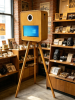 Photomaton vintage en bois sur trépied avec écran tactile, anneau lumineux et système Windows pour événements et locations de fêtes
