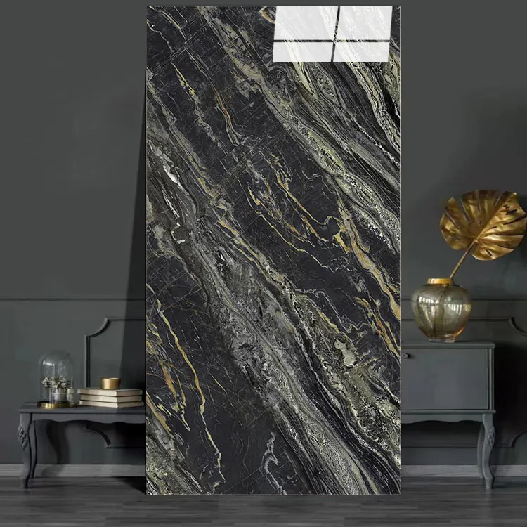 High Glossy 750*1500mm Black Gold Marble Background Wall Panel 6 face Continuous Pattern Indoor Sintered Stone Floor Tiles