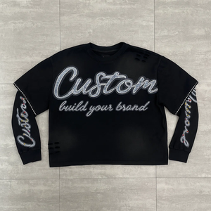 Benutzer definierte Streetwear DTG Druck T-<span class=keywords><strong>Shirt</strong></span> Sun Faded Acid Washed Strass Boxy GEM Stein Distressed Double Layer Langarm T-<span class=keywords><strong>Shirt</strong></span> - Product Image 1