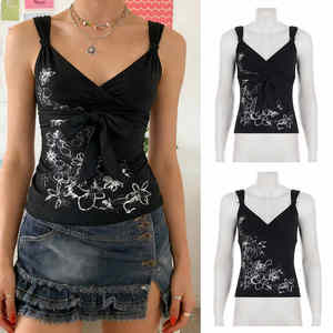 Camisola Negra con Estampado Floral para Mujer, con Tirantes Anudados, Cuello en V, Sexy, Ajustada, con Lazos Ajustables en la Cintura, para Fiestas Casuales - Product Image 1