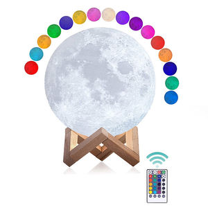 3D Moon <span class=keywords><strong>LED</strong></span> lampada da tavolo in legno luce notturna ricaricabile tocco remoto rubinetto USB lampada comoda legno Base illuminazione colorata - Product Image 1