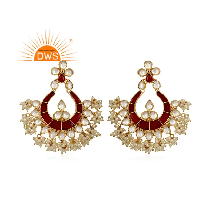 Antique Fresh Pearl Gemstone Earring Gold Plated Silver Jhumka Earring Traditional Indian Designer Kundan Polki Earring