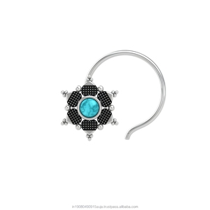 Anneau de nez en argent sterling 925 avec turquoise, motif floral, serti en coupelle, pour femme, vente en gros, bijoux indiens - Product Image 1