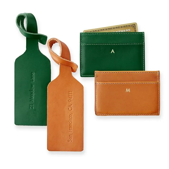 Embossed logo a couple leather luggage tag and card holder travel sets