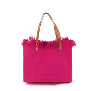 Tassel Trim Fringe Large Canvas Bags Summer Bags For Women 2023 Beach Tote Bag in Pink