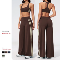 Ensemble de yoga personnalisé à double bande latérale, pantalon large taille haute et brassière de sport à col rond, deux pièces, pour le sport et le fitness, avec effet ventre plat