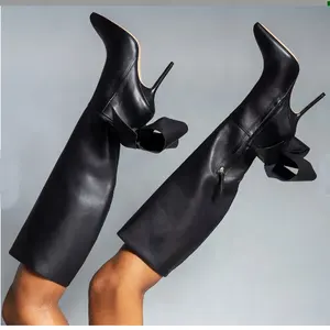 Stivali alti al ginocchio da donna con tacco a spillo a punta grande autunno inverno 2021 In pelle nera
