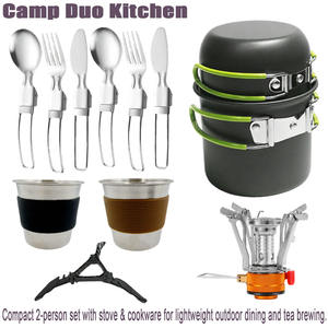 Support de réchaud de camping, trépied et tasse en acier inoxydable, support de réservoir, kit fourchette-cuillère pour le camping, la randonnée et les pique-niques en plein air - Product Image 1