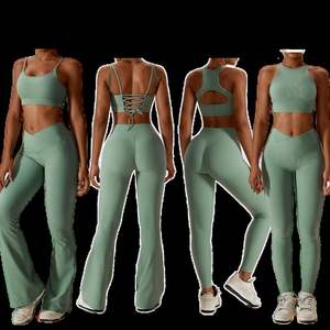 OEM ODM acanalado de cintura alta entrenamiento levantamiento de glúteos pantalones acampanados ropa activa de las mujeres Sujetador deportivo mallas conjuntos de talla grande Yoga activo - Product Image 2