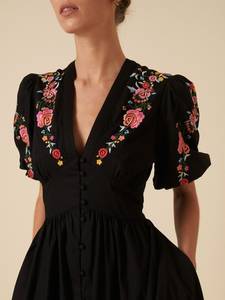 OEM Manufacturers' Women's Casual <b>Sexy</b> Floral Embroidered V-Neck Midi <b>Dress</b> for Summer Autumn Elegant Floral Embroidery Front - Product Image 4