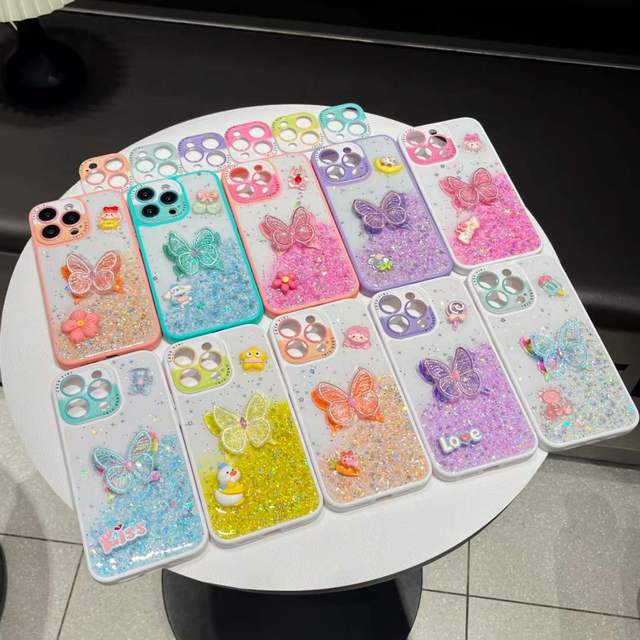 Candy Color Shockproof Cover for Infinix Smart 7/7HD/Hot 40/30i/Zero 30 3D Butterfly Pattern Glitter Quicksand Mobile Phone Case