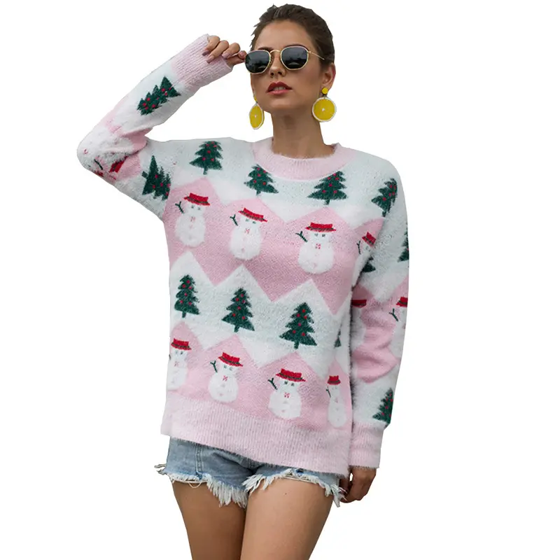 Merry christmas sweater pink blue mohair custom jacquard pullover women knitted wholesale winter jumpers ugly christmas sweater