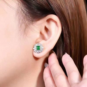Rectangular Cut Natural <b>Emerald</b> <b>Stud</b> Earrings 18K Solid Gold Double Layer Floral Diamond Halo Fine Women Gemstone Jewelry - Product Image 5