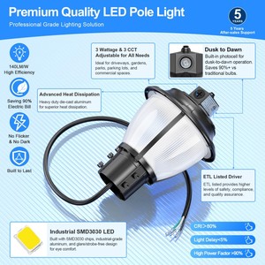 ไฟ LED ติดเสา 60W/48W/36W ปรับอุณหภูมิสีได้ มาตรฐาน ETL DLC ความสว่าง 8400LM พร้อมโฟโตเซลล์ IP65 สำหรับตกแต่งสวนกลางแจ้งในช่วงคริสต์มาส - Product Image 4