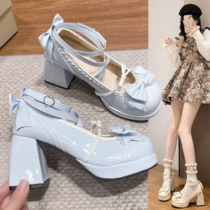 Blue Lolita <b>Block</b> <b>Heel</b> Shoes Elegant Women's <b>Closed</b> <b>Toe</b> Heeled Sandals With Bow Decoration Mid <b>Block</b> <b>Heel</b> Platform Style - Product Image 2