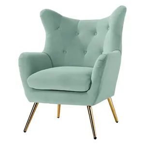 Modern kadife püsküllü döşemeli Wingback kol sandalye Metal altın bacaklar ile tek sandalye oturma odası için