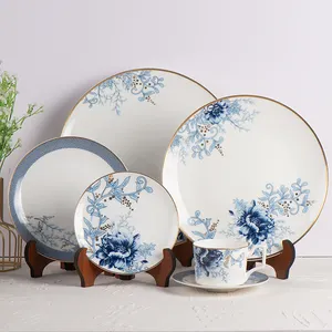 Juego de platos de cena de porcelana con borde dorado, vajilla de cerámica de porcelana azul y blanco de lujo europeo